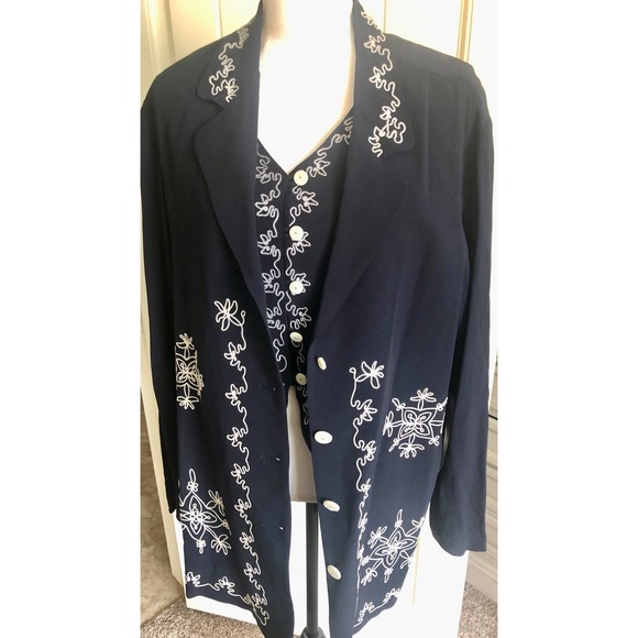 Karen Kane‎ Embroidered Blazer Lined XL "Something Vintage" Navy Blue White - Picture 1 of 11